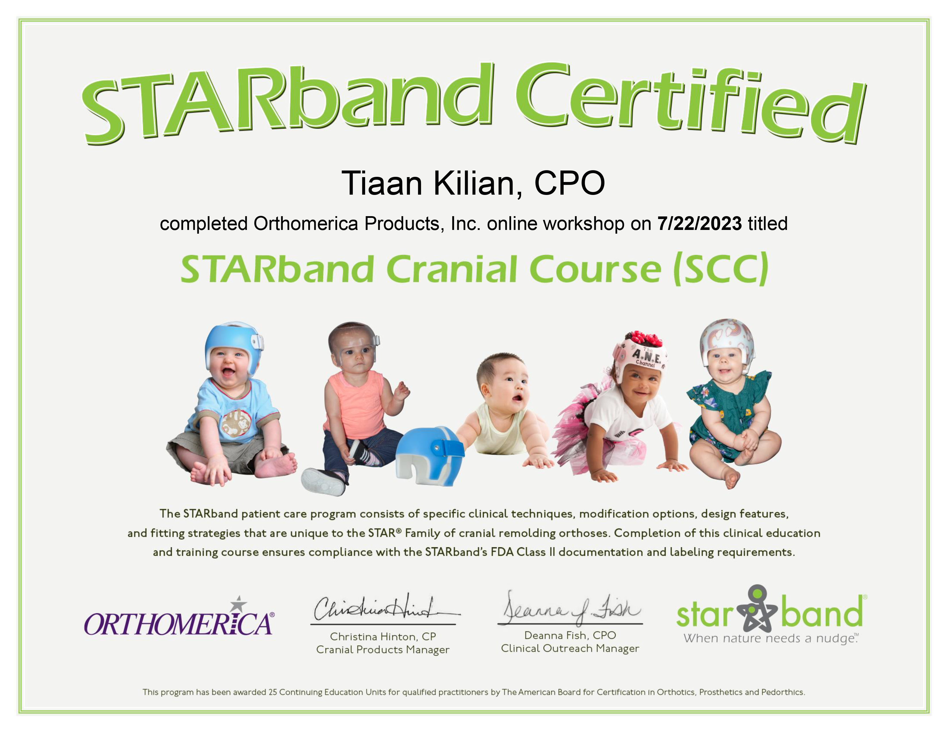 StarBand Certificate, Kilian Orthopaedic Services, America, Cranial Helmet, Windhoek, Namibia